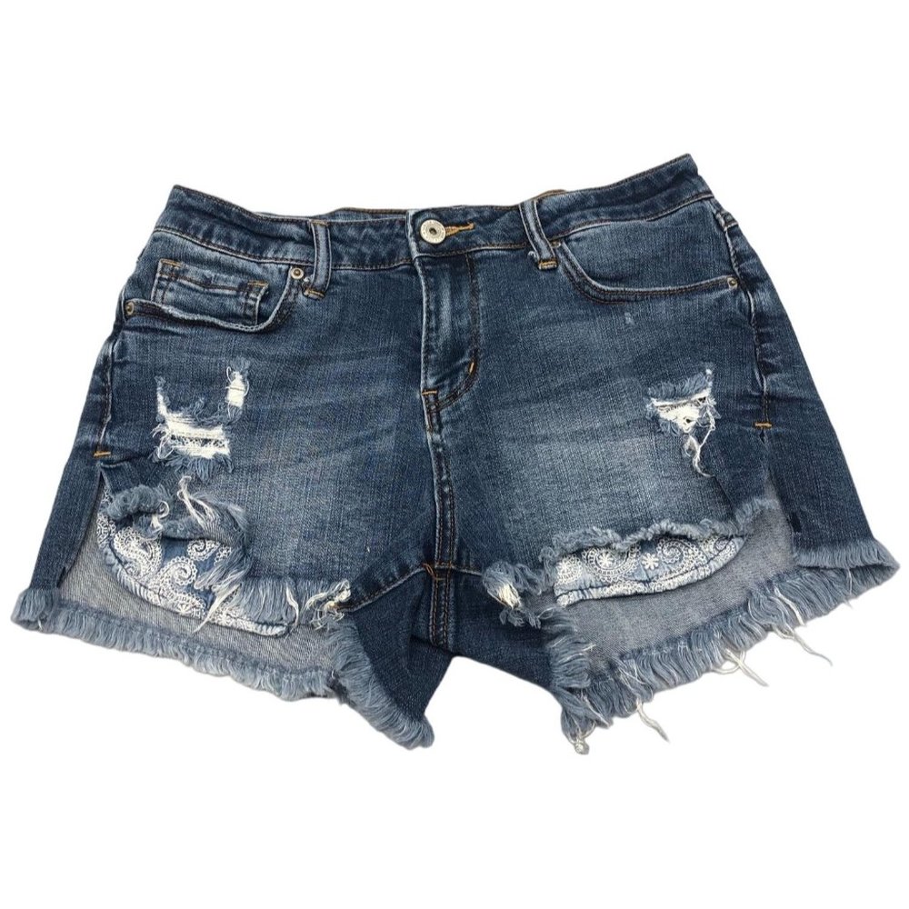 Vanilla Star High Rise jean shorts medium wash blue distressed pocket sz 5 READ